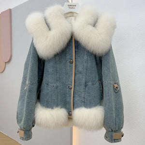 2023Real fur, Winter Women's Denim Jacket Goose Down Coats Natural Real Fox Fur Collar Outwear Luxury Female Jacket