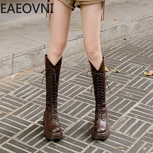 Winter New Platform Women Long Boots Fashion Lace Up Ladies Elegant Knee High Boots Shoes Thick Bottom Boots