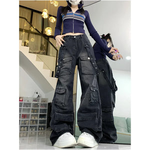 Black Women's Jeans High Waist Hip Hop Straight Fashion Pants Streetwear Harajuku Y2K Style 2024 Female Wide Leg Denim Trouser