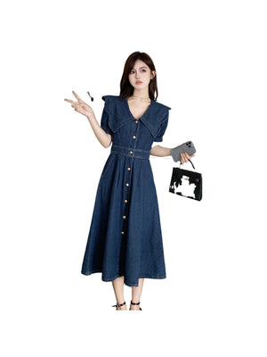 Temperament Summer Women's Denim Dress Elegant Turn-down Collar Short Sleeve Single Breasted Oversized Midi Female Dress M-3xl