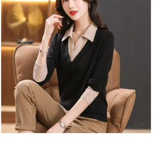 Fashion Original Autumn New Fake Two Piece Polo Neck Sweater Women's Contrast Button Loose Simple Patchwork Long Sleeve Knit Top