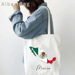 Mexico Country Map Flag Tacos Love Heart Shopper Harajuku Canvas Tote Bag Latina Mexican Gift Girl Skull Woman Shopping Handbags