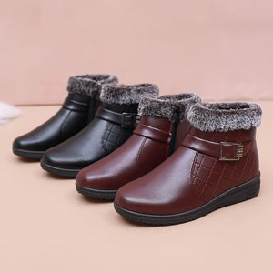 Cosy faux fur hem ankle boots mother winter shoes for women buckle deco leather short boot ladies black flat booties warm plush