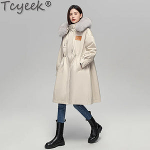 Tcyeek 2023 Winter Fox Fur Collar Parka Elegant Womens Fur Coat Warm Rex Rabbit Fur Liner Detachable Long Jacket Women Clothing