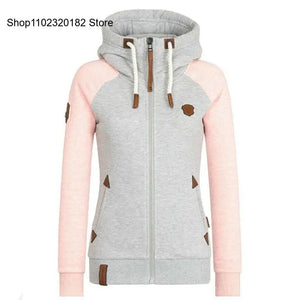 Autumn Spring Contrasting Color Drawstring Zippered Long Sleeve Cardigan Hoodie Coat Jacket Women