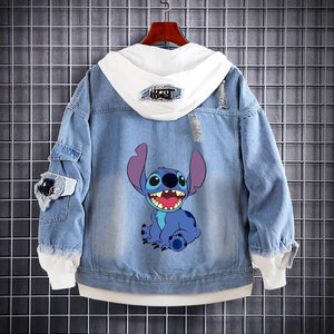 Disney Stitch Denim Hooded Coats Cute Cartoon Sweatshirts Kids Kawaii Anime Print Design Jacket Casual Streetwear Coat For Men