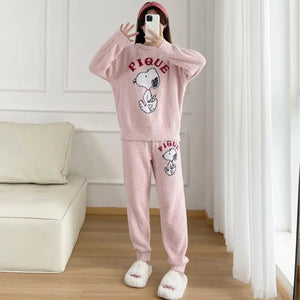 Anime Cartoon Snoopy Women's Warm Pajamas Autumn Winter New Long Sleeve Thickened Round Neck Cute Homewear Set Gift for Friends