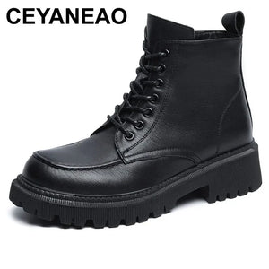 CEYANEAOBrand Autumn Winter Warm Shoes Women Genuine Leather Ankle Boots Ladies Handmade Retro Thick Heel Platform Cotton Boots