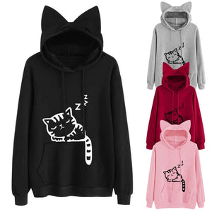 Winter Women's Sweatshirt Cute Cat Ears Hooded Sweatshirt Fashion Cat Print Casual Long Sleeve Pullover Top Daily Commute