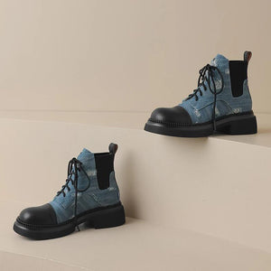 British Style Blue Denim Patchcord Martin Boot Women Thick Bottom Short Boot Lace Up Comfoy and Fashionable Knight Boots Females