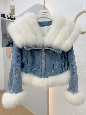 Autumn Winter Women's Denim White Goose Down Coats With Natural Real Fox Fur Collar Cuff Women Outwear Luxury Female Jacket