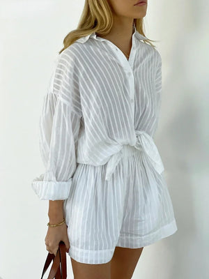 Sumuyoo Casual Shorts Sets Striped Jacquard 2 Pieces Cozy Lapel Lantern Sleeve Shirt Summer Outfit Elastic Waist Shorts Suits