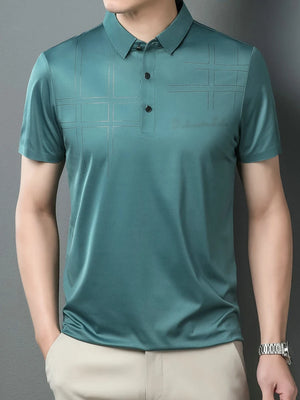 Men Business Smart Casual Polo Shirts Green Blue Plaid Elegant Tees Male Turn Down Collar Short Sleeve Tops Comfort Cozy Clothes