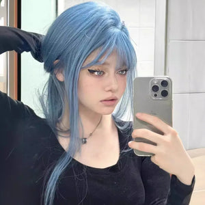 Blue Synthetic Wig Female Long Hair Naturally White Full Head Set Air Bangs Long Straight Hair Heat Resistant Cosplay Wig