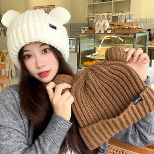 Cute Bear Ear Knitted Wool Hat Women Fashion Hooded Thick Beanies Cap Winter Warm Woolen Hats Designer Kpop Personality Bonnet