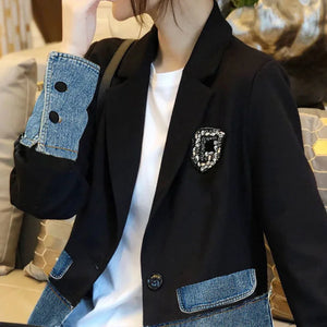 Graphic Female Jeans Coat with Print Sequin Black Patchwork Diamonds Outerwears Long Trench Women's Denim Jackets Spring Autumn