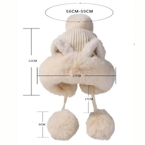 Winter Warm Knitted Hats for Women Cute Cartoon Cat's Ears Two Balls Earflap Cap Plush Fluffy Thicken Warm Beanie Hat