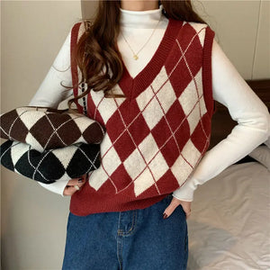 2024 Woman Sleeveless Plaid Vintage Sweater Vest Checkered Waistcoat Lady Autumn Winter  Pullover Knit  U1364