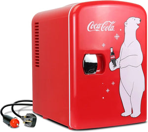 Coca-Cola Classic Coke Bottle 4L Mini Fridge w/ 12V DC and 110V AC Cords, 6 Can Portable Cooler, Personal Travel Refrigerator