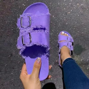 2022 New Summer Beach Cork Slippers Casual Double Buckle Non-slip Clogs Slides Women Slip on Flip Flop Shoe Denim Slipper Female