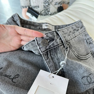 2024 small hot drill denim shorts female hot drill carbon gray multiple washing process High-waisted A-line