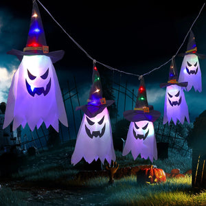 Halloween LED Flashing Light Hanging Ghost Halloween Party Dress Up Glowing Wizard Ghost Hat Lamp Decor Pumpkin Candlestick Lamp