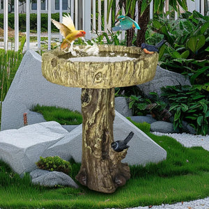 24.4" H Fibre Reinforced Concrete Outdoor Garden Bird Bath with Birds,Woodland Tree Trunk Decoration Yard Statue