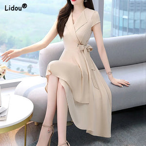 Elegant Fashion V-neck Solid Color Short Sleeve Chiffon Empire Dresses Bow Belt A-LINE Skirt Summer New Women's Clothing 2022