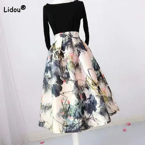 Vintage Temperament Lady High Waist Printing Skirt Summer Fashion Elegant All-match A-Line Ball Gown Skirts Women's Clothing