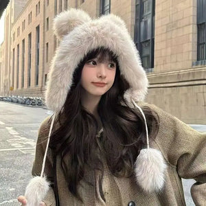 RICYGVM Fluffy Fur Ear Protection Cap For Women Winter Plush Fisherman Hat Windproof Warm Headgear Cute Bear Girl Earmuffs Caps