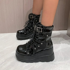 Cosplayer Gothic Motorcycle Boots 2024 New Platform Chunky High Heel Ankle Boot Ladies Cool Wedge Punk Woman Black Female Shoes