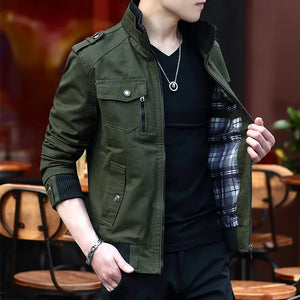 2024 Spring Autumn New Men's Jacket Korean Fashion Stand-up Collar Thick Denim Cargo Pants Pure Cotton Coat Top Clothes