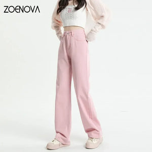 ZOENOVA Korean Long Trousers Casual Denim Pants Simple Female Spring 2023 Straight Loose Women's Wide Leg Jeans Pink Purple Red