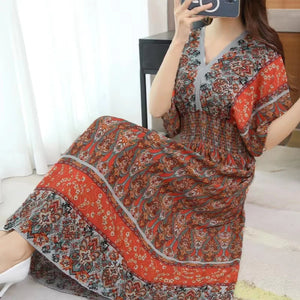 V-neck Tunic Large Swing Printed Dress Long Skirt