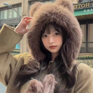 RICYGVM Fluffy Fur Ear Protection Cap For Women Winter Plush Fisherman Hat Windproof Warm Headgear Cute Bear Girl Earmuffs Caps