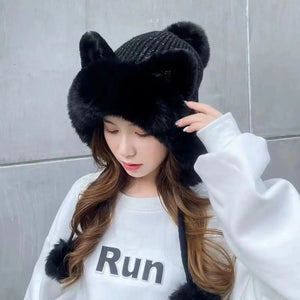 Winter Warm Knitted Hats for Women Cute Cartoon Cat's Ears Two Balls Earflap Cap Plush Fluffy Thicken Warm Beanie Hat