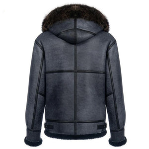 Denny&Dora Men's Shearling Jacket Grey Sheepskin Coat  Flight Jacket Hooded Leather Jacket