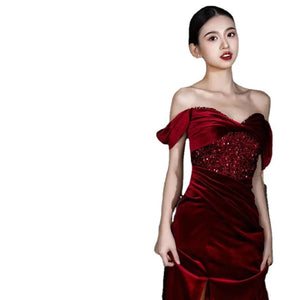 Fishtail Toast Clothing Wine Red Dress off-Shoulder Velvet Sequins Elegant Women