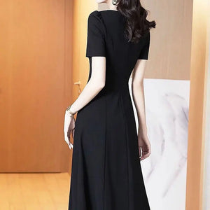 Elegant Square Collar Midi Dress 2024 Summer Solid Color Female Clothing A-Line Waist Fashion Folds Commute Short Sleeve Dresses