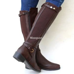 Women's Chunky Heel PU Leather Boots Long Booties Knee High Boots for Ladies Autumn Winter Gothic Shoes Slouchy Woman Wide Calf