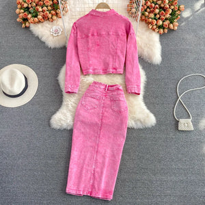 Autumn Women Pink Denim Sets Lapel Long Sleeve Short Denim Jacket High Waist Denim Skirt Korean Female Two Piece Set Streetwear