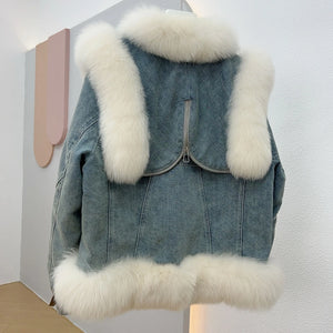 2023Real fur, Winter Women's Denim Jacket Goose Down Coats Natural Real Fox Fur Collar Outwear Luxury Female Jacket