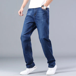 2023 New Classic Men's Thin Blue Jeans Advanced Stretch Loose Straight Denim Trousers Male Brand Pants Plus Size 40 42 44