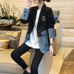 Graphic Female Jeans Coat with Print Sequin Black Patchwork Diamonds Outerwears Long Trench Women's Denim Jackets Spring Autumn