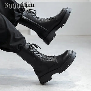 Autumn Women Men Boots Motorclcle Platform Lace-up Ankle Mid-calf Lady Shoes Female Male Fashion Desigh Unisex Fleece Warm Shoes