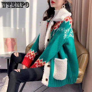 WTEMPO Christmas Sweater for Women Fur Notch Lapel Warm Winter Fall coat Loose Button Down Knitwear Ladies Knitted Cardigan