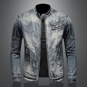 2023 new men's denim jacket trendy retro fashion casual stand-up collar zipper jacket handsome riding biker clothing denim tops