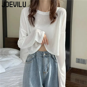 Long Sleeve Thin Crop Top Summer Knitted Ice Silk Sunscreen Blouse Women's Fashion Loose White Tops Korean Expose Navel Y2k Tee