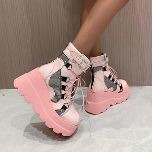 Cosplayer Gothic Motorcycle Boots 2024 New Platform Chunky High Heel Ankle Boot Ladies Cool Wedge Punk Woman Black Female Shoes