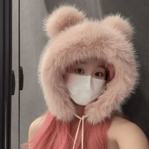 Women Winter Warm Kawaii Fox Fur Imitation Mink Plush Hat Thickened Cute Bear Ear Japanese Bomber Hat Ear Protection Cosplay Cap